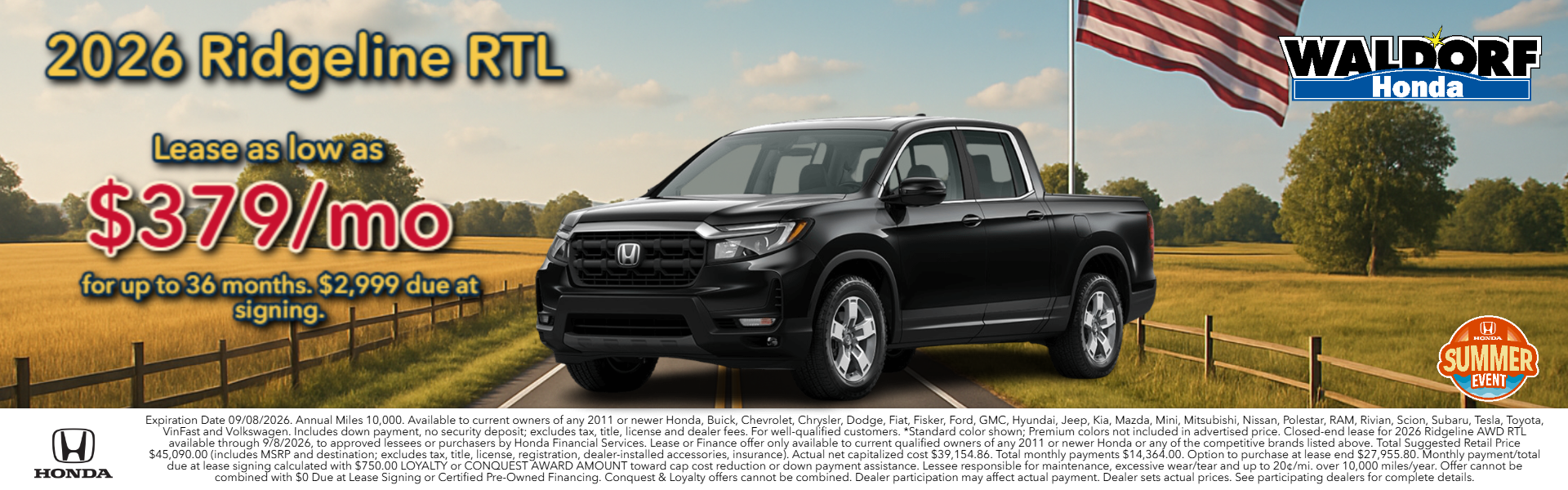 Lease Ridgeline RTL for $379/mo