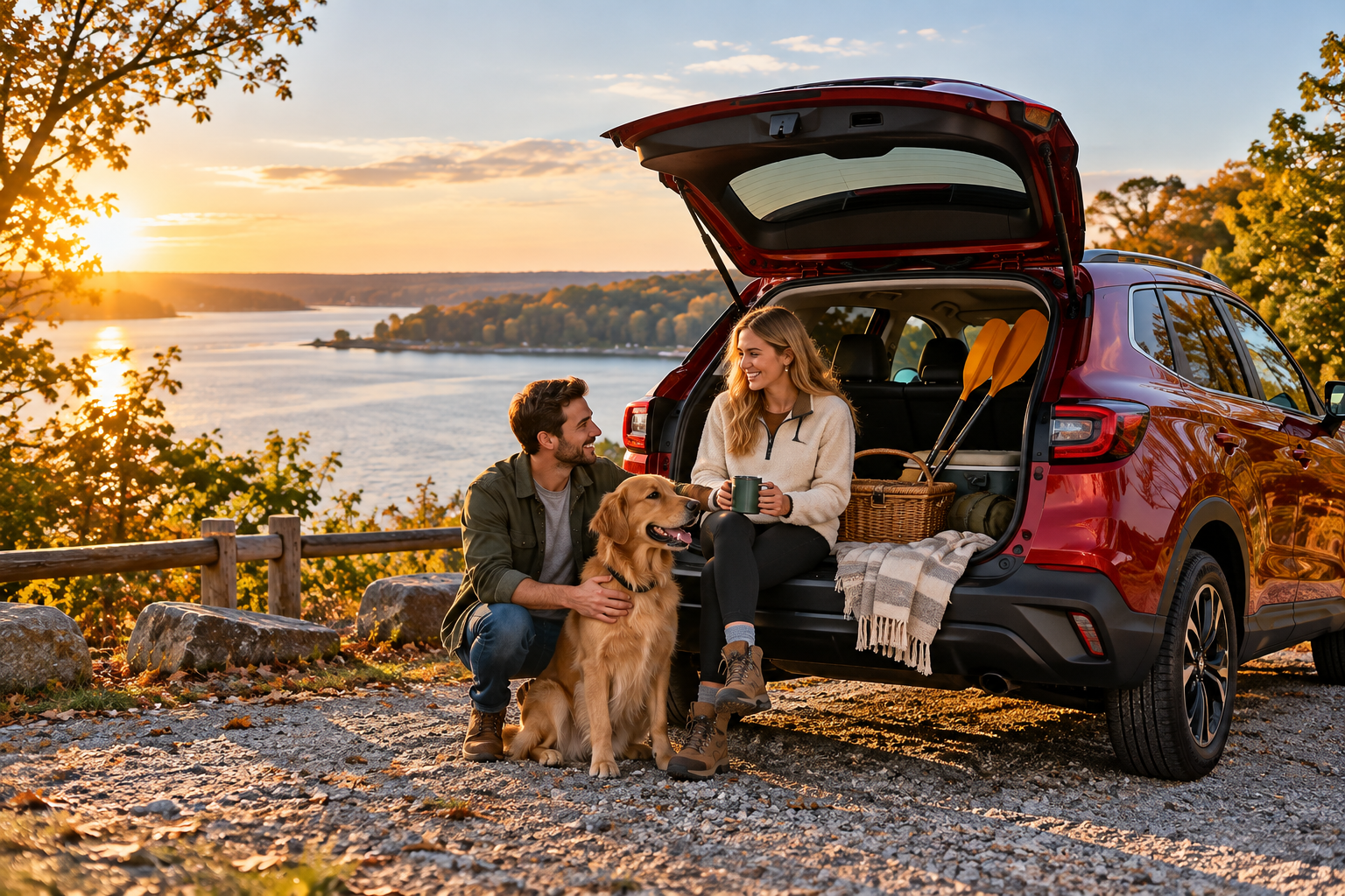 Couple and dog with a Honda HRV compact SUV at a Southern Maryland riverside overlook