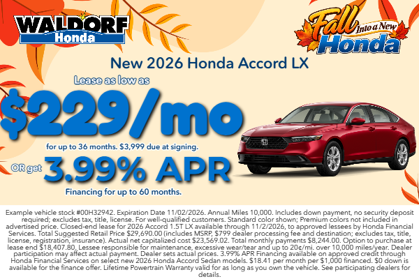 Lease a new 2026 Accord for as low as $229/mo