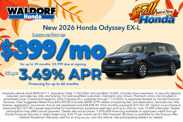 Lease a new 2026 Odyssey for as low as $399/mo
