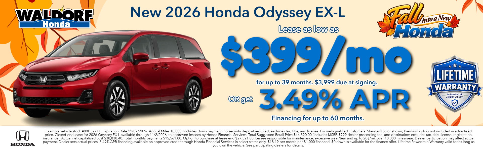 Lease a new 2026 Odyssey for as low as $399/mo