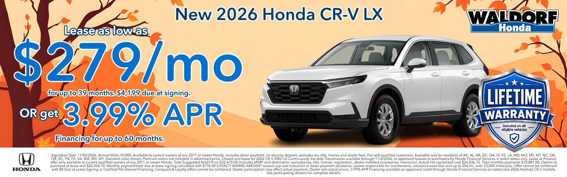 Lease a new 2026 CR-V for as low as $279/mo