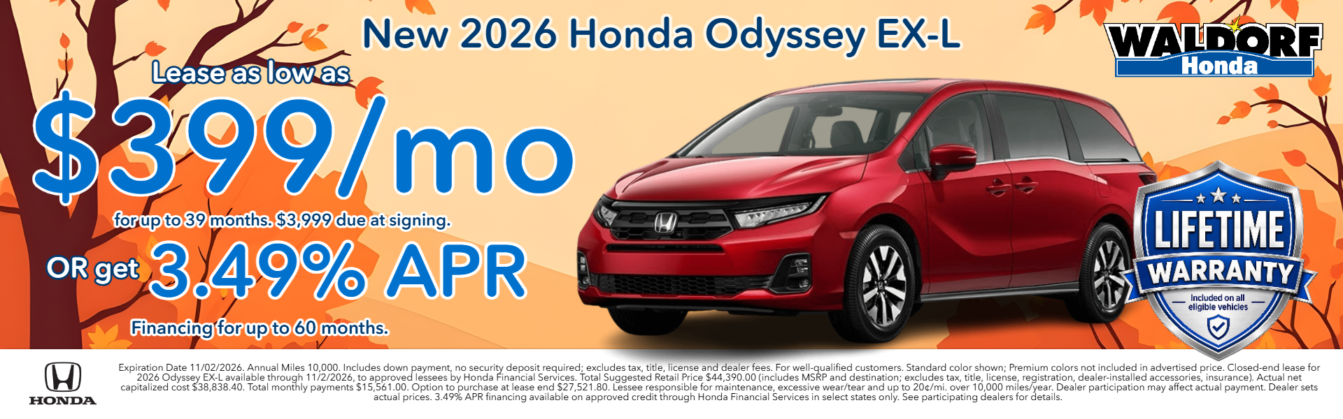 Lease a new 2026 Odyssey for as low as $399/mo